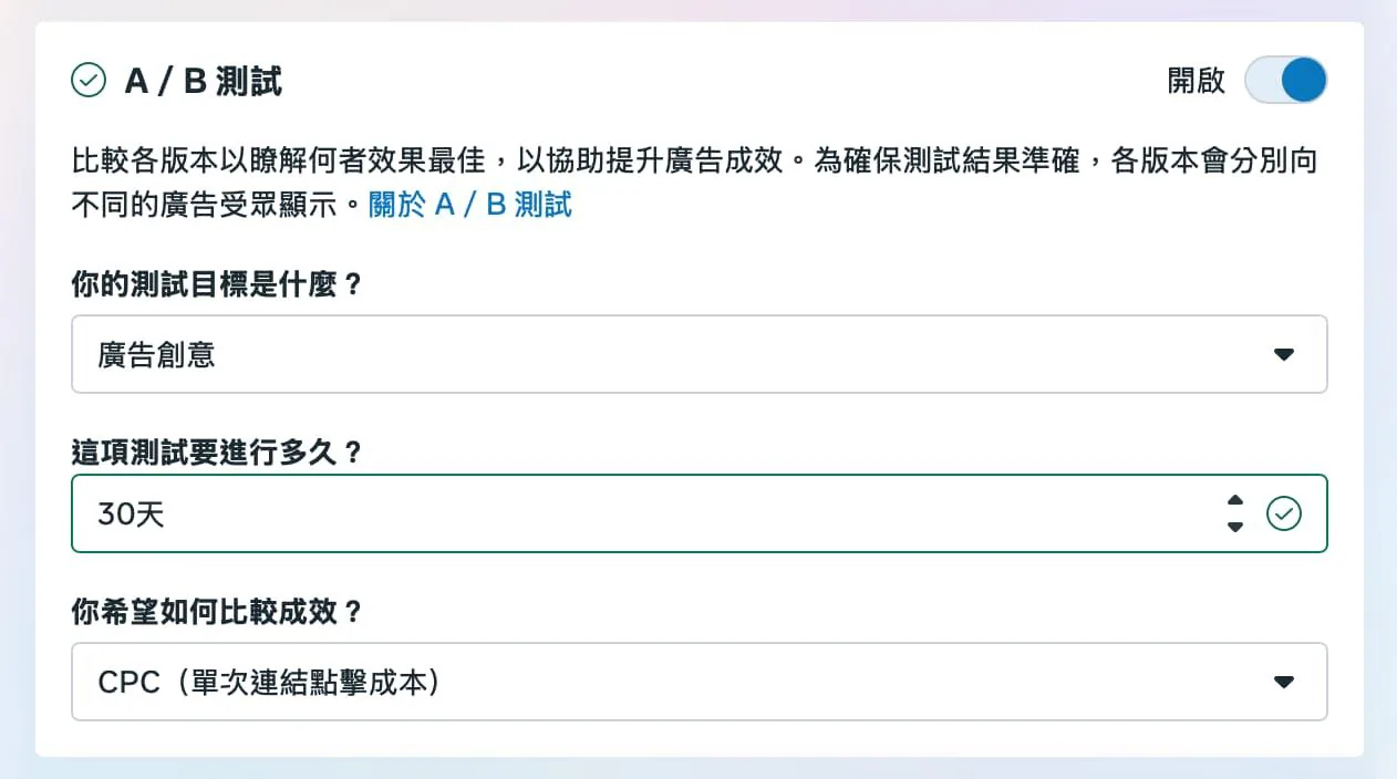 編輯製作的 A/B 測試介面示意，以廣告創意為變數並選擇 CPC 指標，非真實平台後台