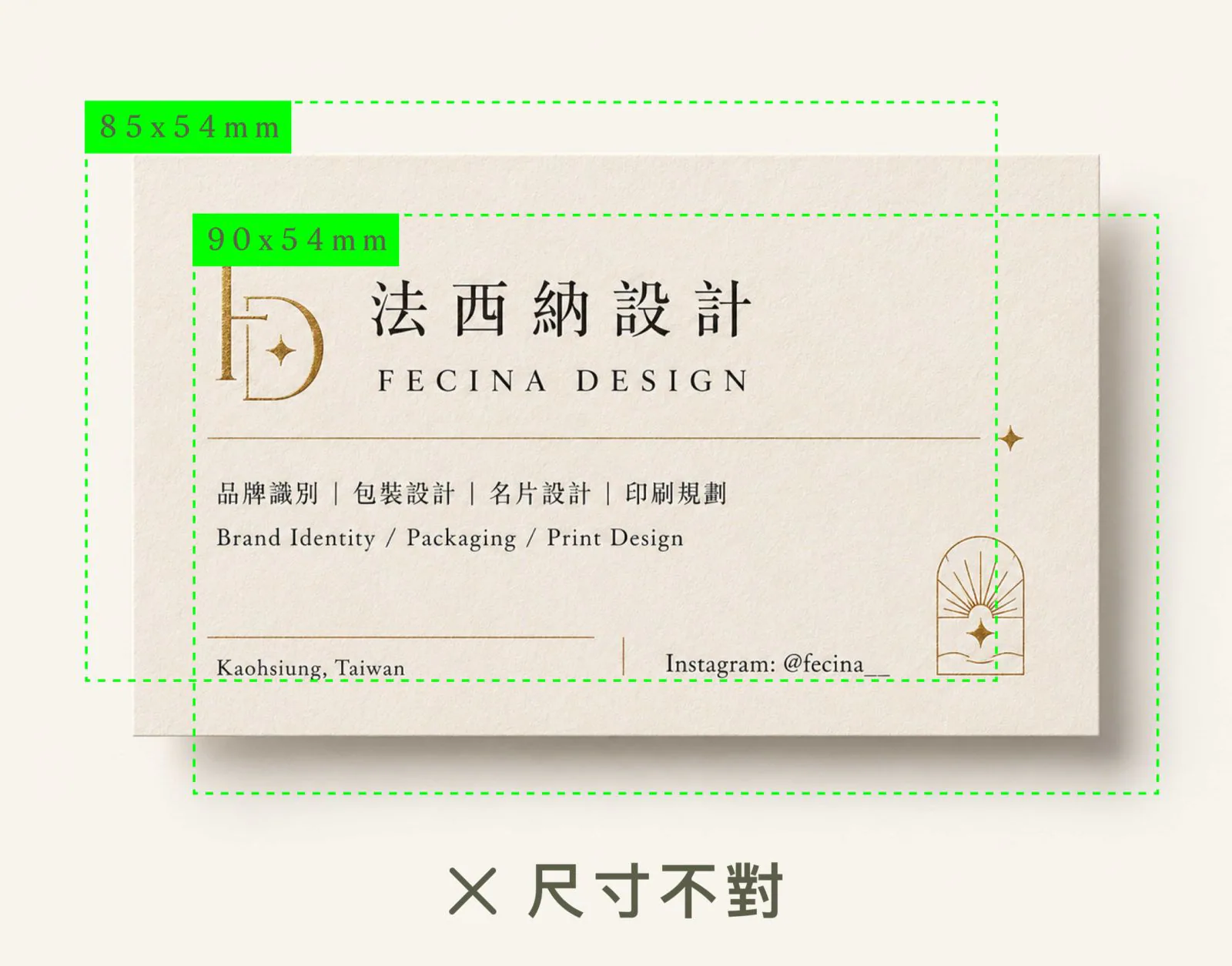 同一名片套用 85 × 54 與 90 × 54 mm 框線的尺寸差異示意