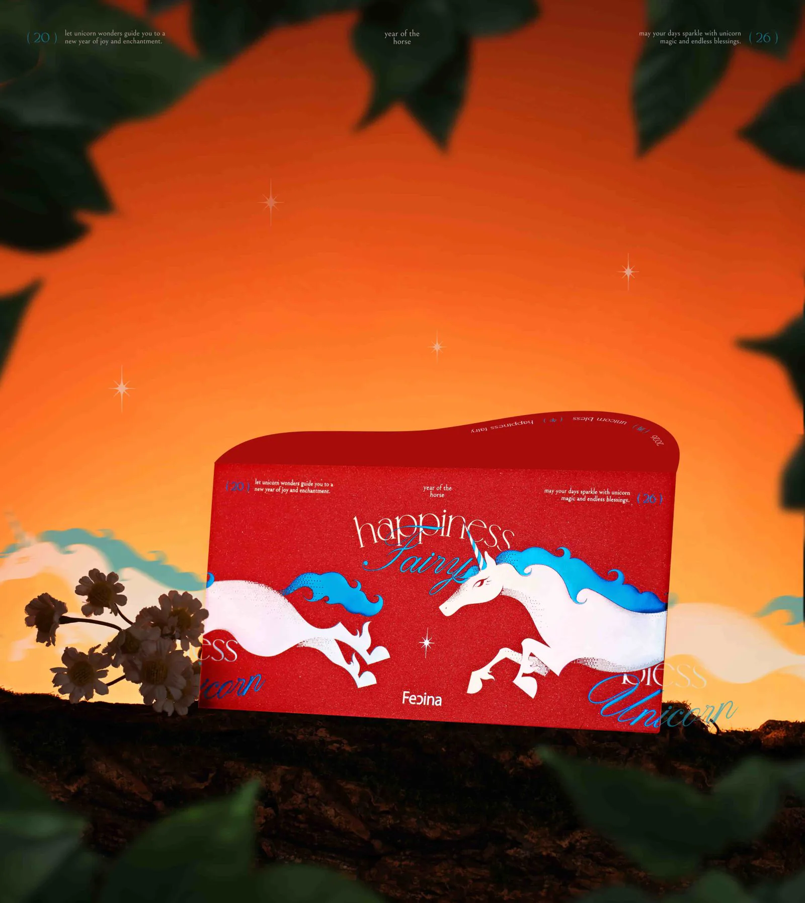 紅底白色獨角獸插畫馬年紅包袋的立體開口成品
