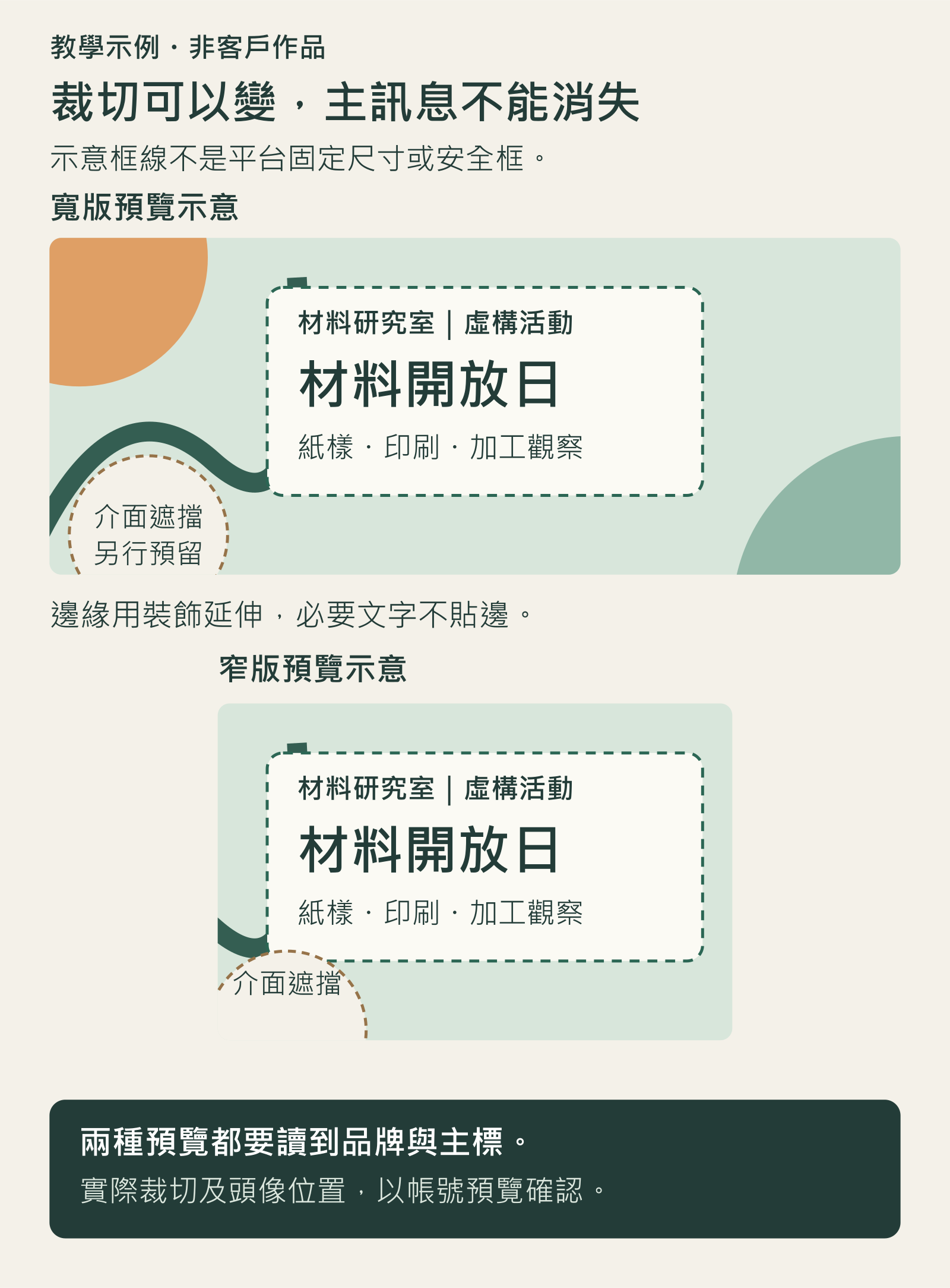 封面裁切教學：寬版與窄版預覽保留材料開放日主標，邊緣裝飾可裁，另留介面遮擋空間