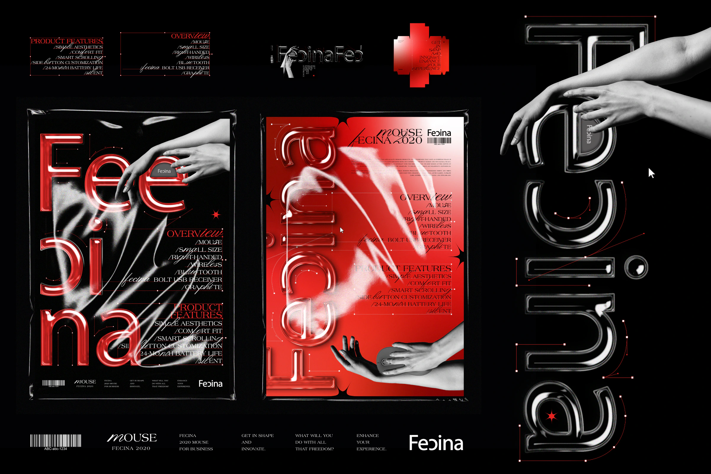 FECINA MOUSE 酸性滑鼠包裝與紅黑海報整體設計展示