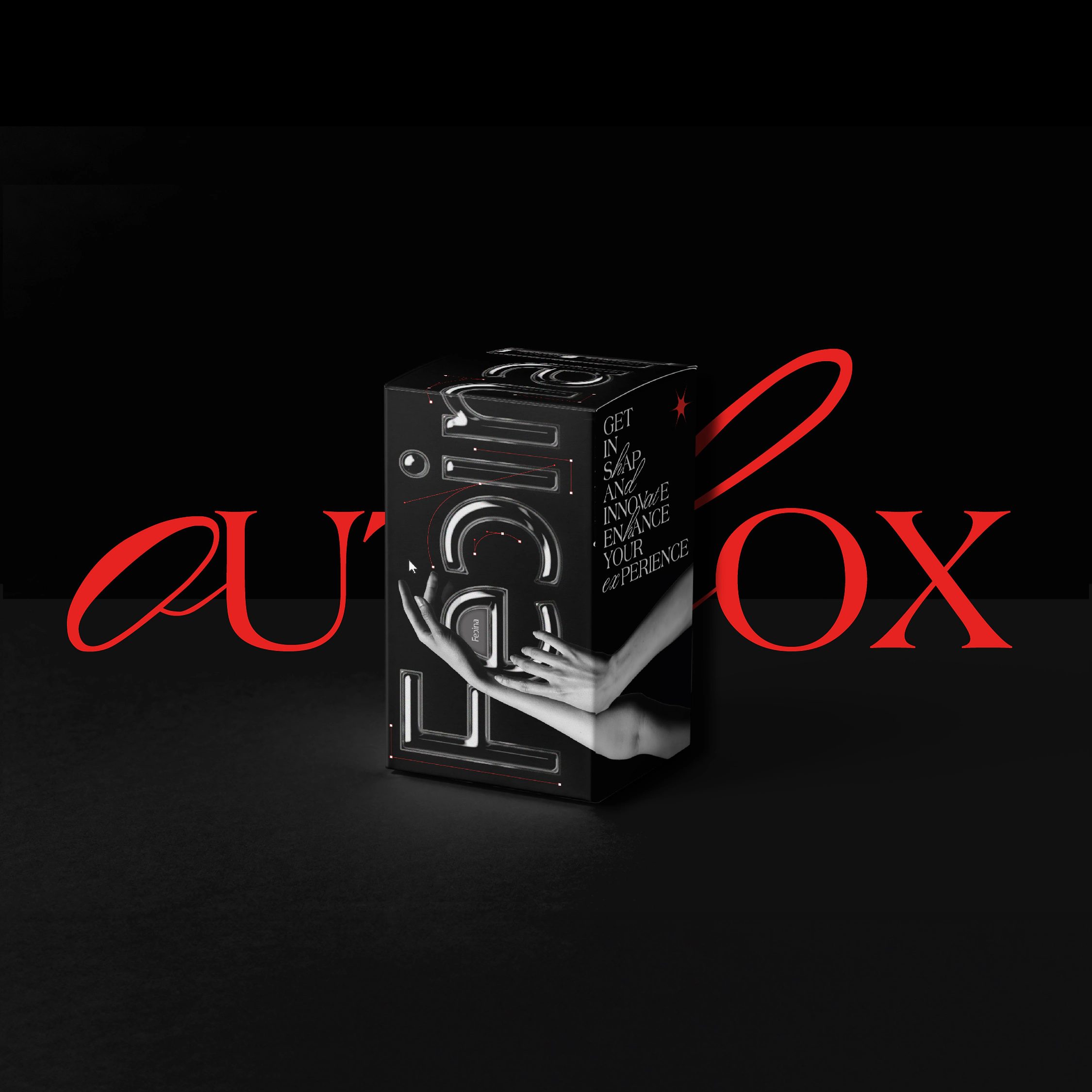 FECINA MOUSE 黑色外盒與紅色 out box 字樣情境展示