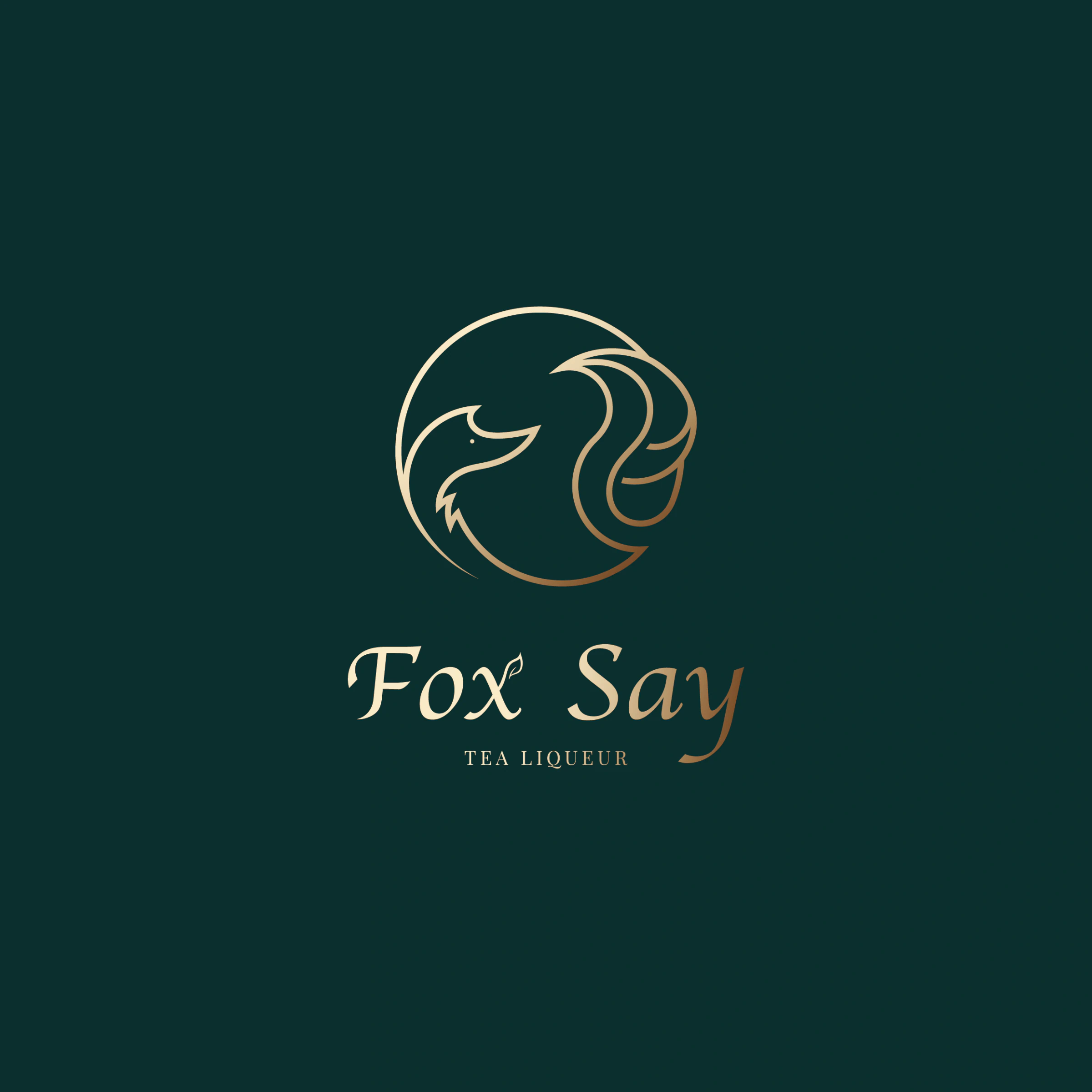 狐說茶酒金色狐狸茶葉標誌與Fox Say字樣的深綠方形原稿