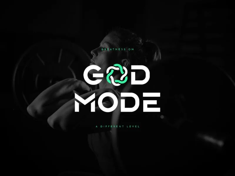 GOD MODE 識別設計:圖標以品牌理念「讓生活變更好」為設計主軸,加入循環和DNA元素。標準字用黑體,帶簡約科技感和力量感。配色為無彩色系搭配螢光綠,風格現代簡約。