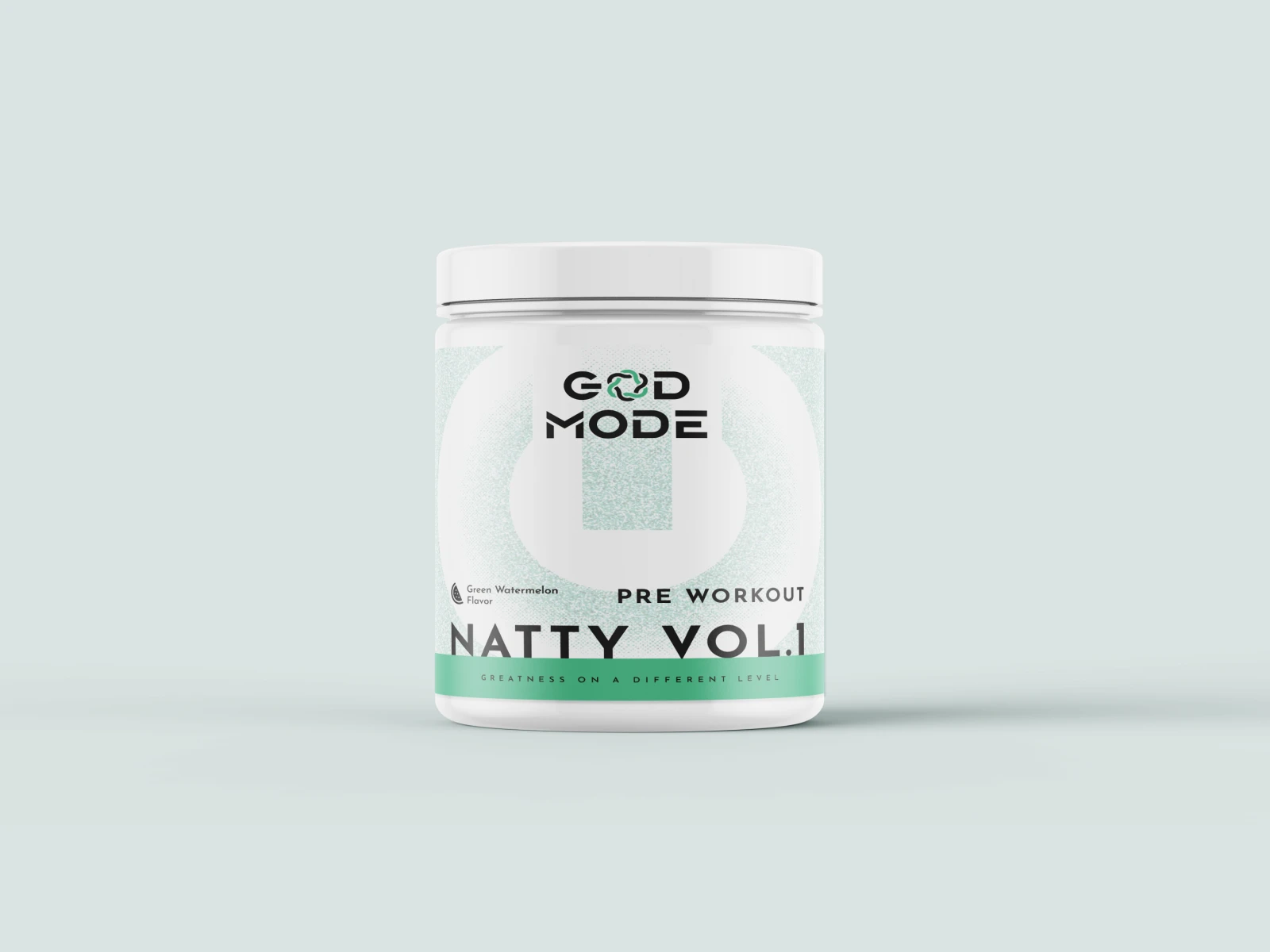 GOD MODE 白色補充品罐身，以黑色標準字、薄荷綠圖紋與綠色底帶呈現包裝標籤