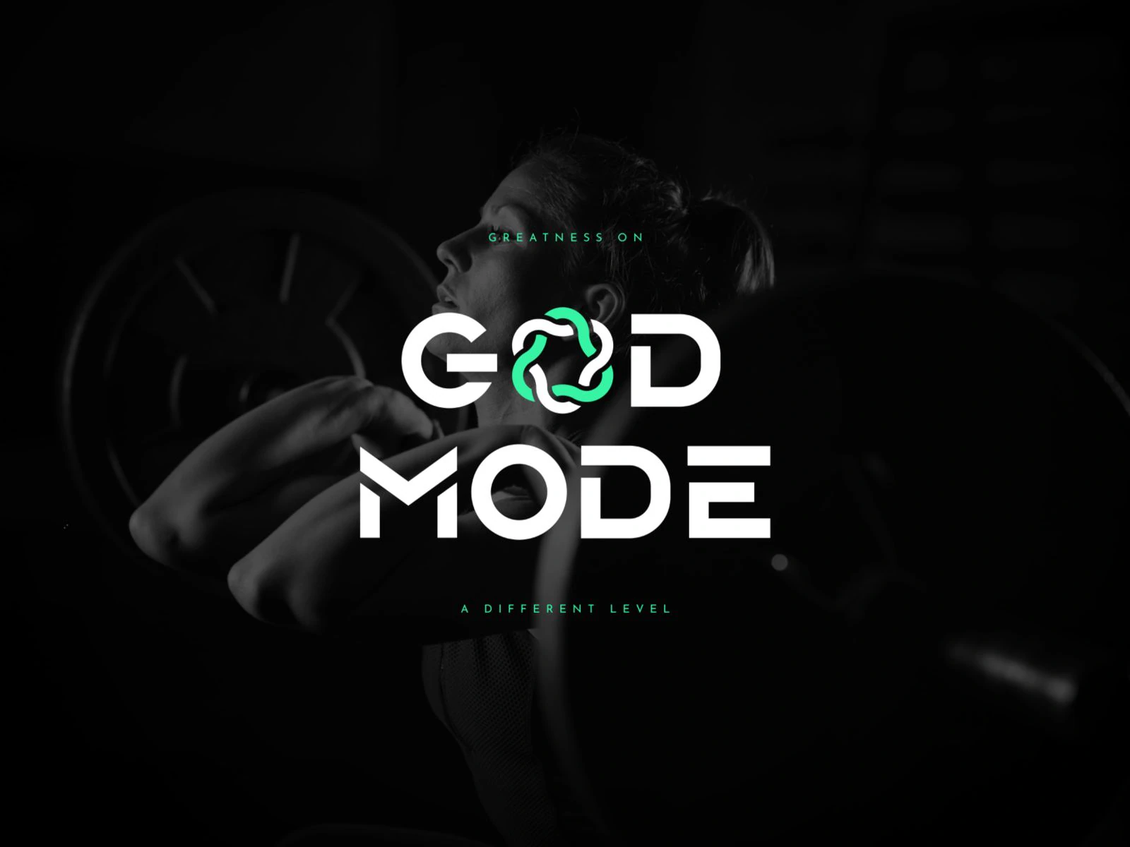 GOD MODE 識別設計：圖標以品牌理念「讓生活變更好」為設計主軸，加入循環和DNA元素。標準字用黑體，帶簡約科技感和力量感。配色為無彩色系搭配螢光綠，風格現代簡約。