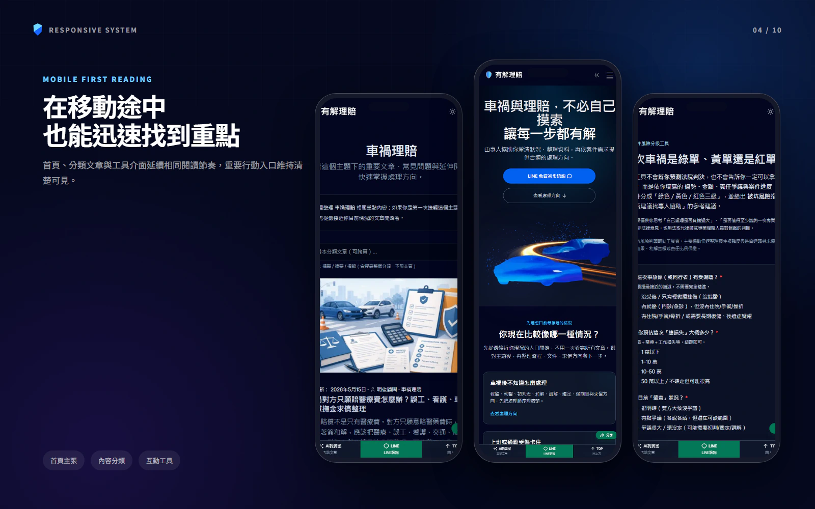 有解理賠首頁、文章分類與理賠工具手機版介面