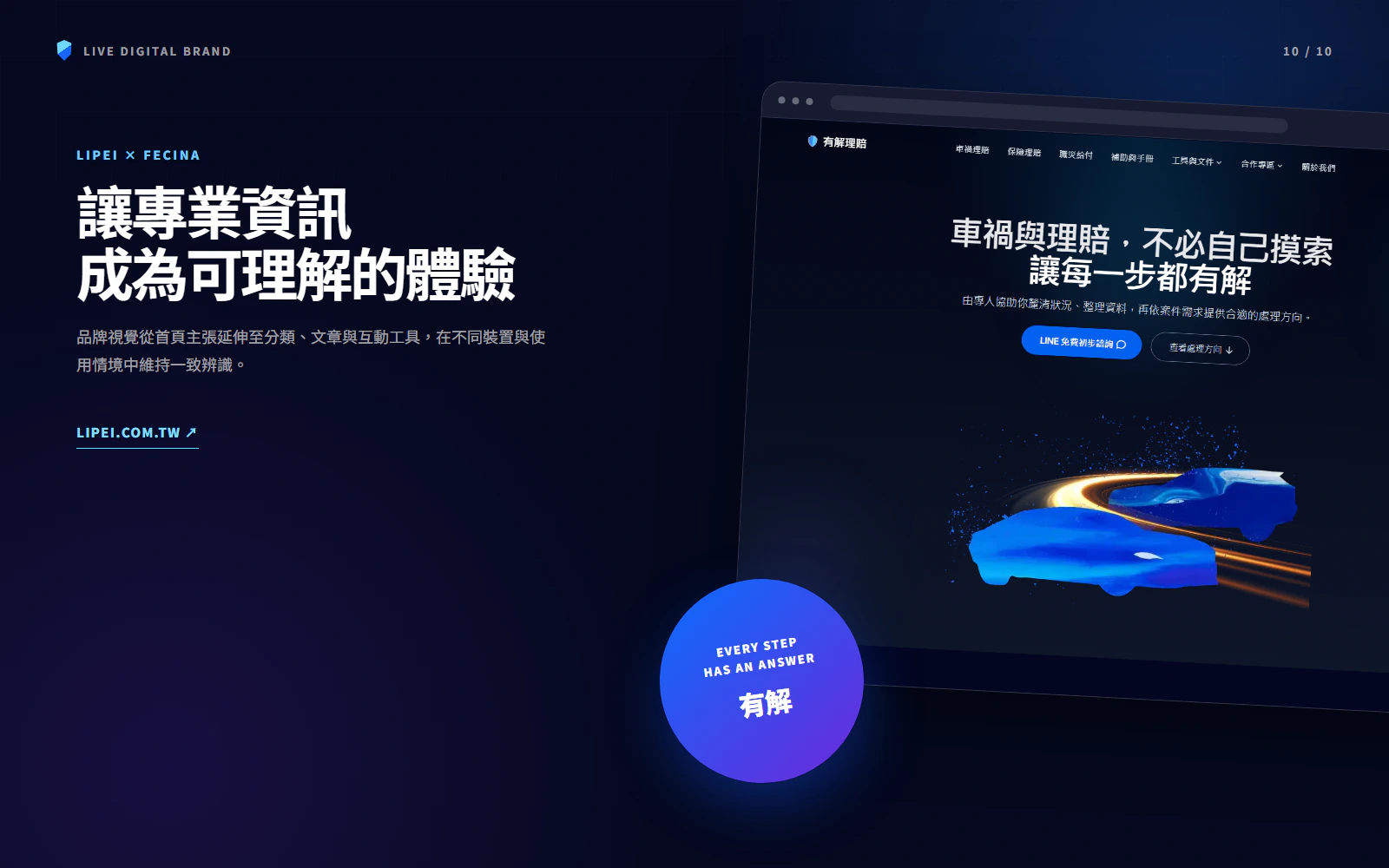 有解理賠品牌視覺於首頁、內容與互動工具的完整應用