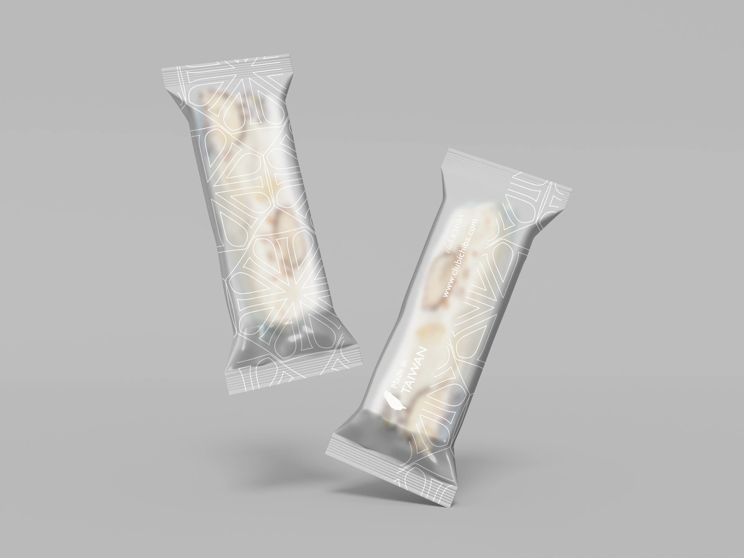 荔枝豆club ICHIBA透明單顆牛軋糖包裝與白色幾何紋樣模擬