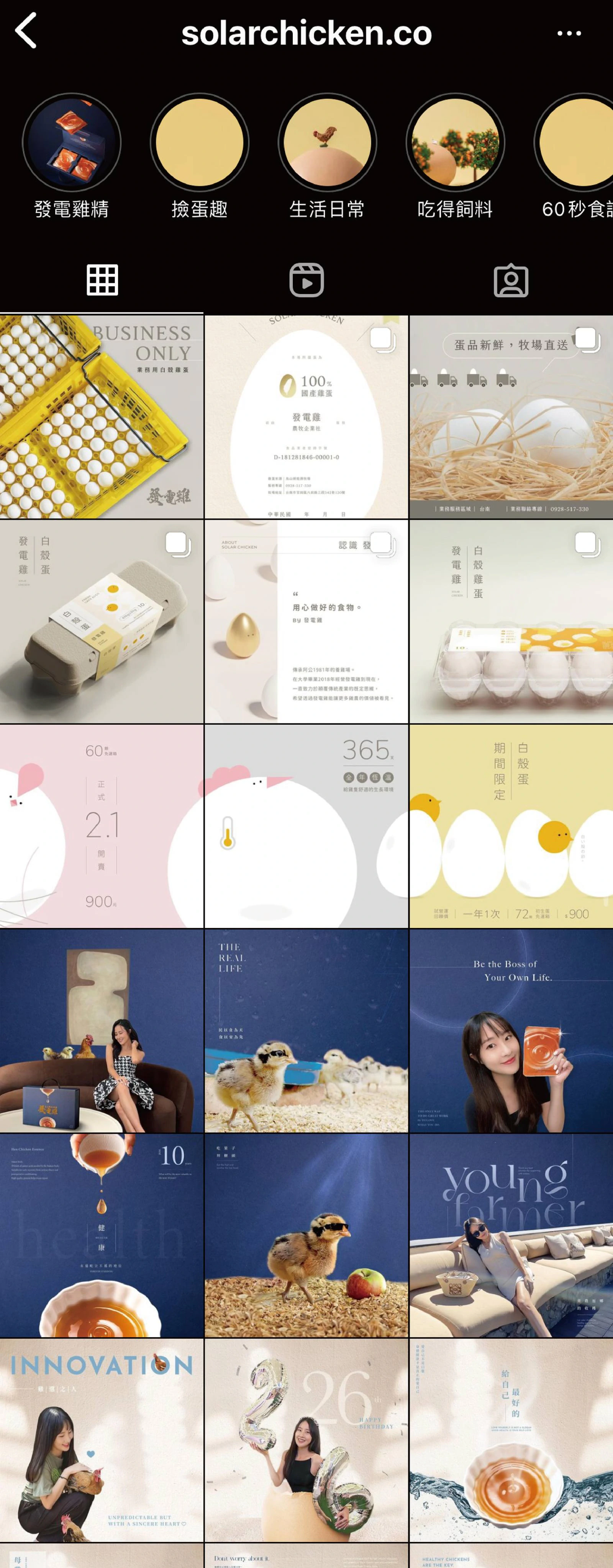 發電雞社群版面總覽，排列雞精禮盒、雞隻、蛋與人物主題貼文