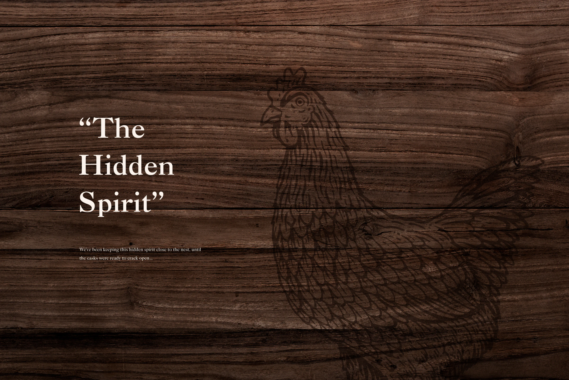 拾酒人 The Broody Hen 品牌視覺，以木紋、母雞插畫與 The Hidden Spirit 字樣呈現