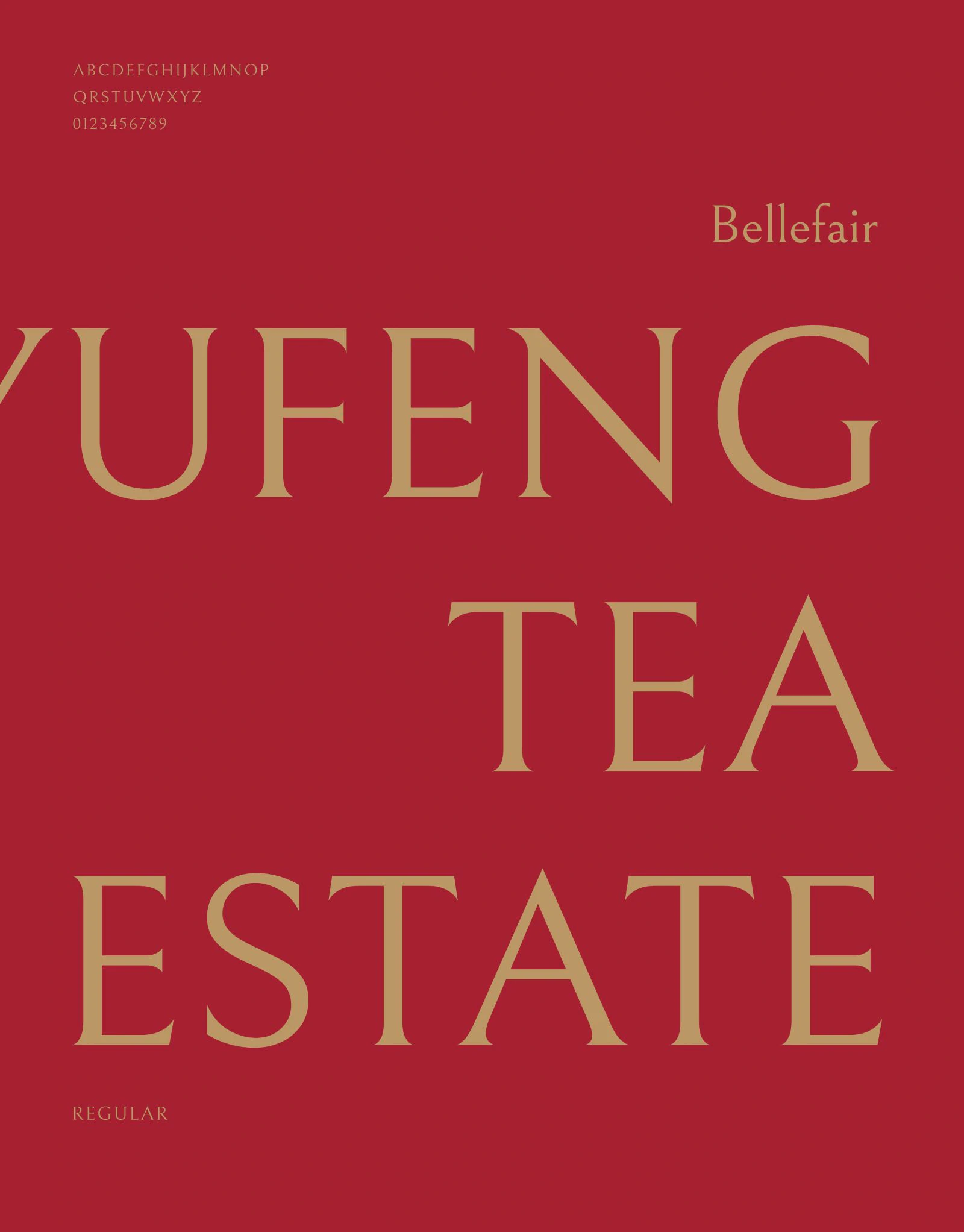 玉峰製茶廠茶紅底與金色 Bellefair 英文字體展示，包含字母、數字與英文名稱